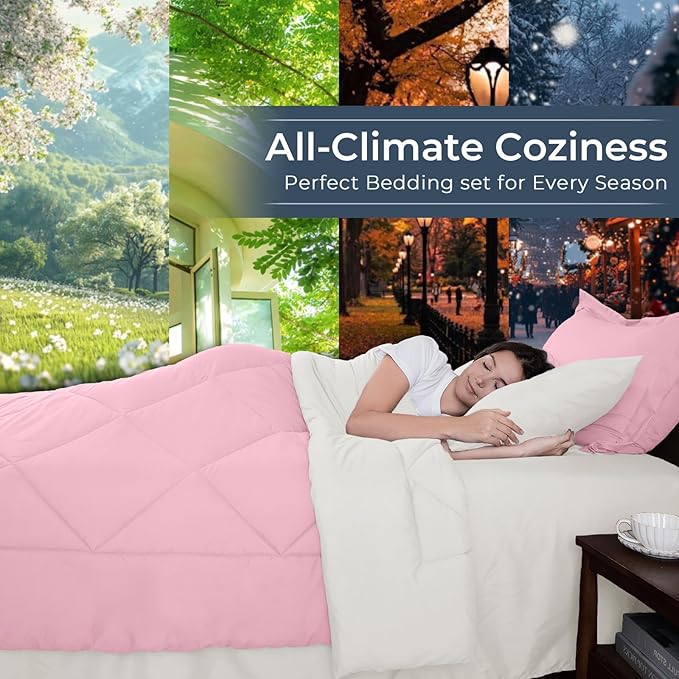 HEVUMYI Queen Comforter Set - 7-Piece All Season Bed in a Bag Queen, Ultra Soft Bedding Set with Comforter, Flat Sheet, Fitted Sheet, Pillowcases, Pillow Shams, Pink & Ivory