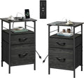WLIVE Night Stand Set 2, Black Nightstand with Charging Station, Bedside Tables for Bedroom, Side Table with Fabric Drawers, USB Ports and Outlets