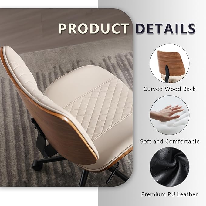 Home Office Chair No Arms with Wheels, Adjustable Height Small Desk Chair, PU Leather Mid Back 360 Swivel Computer Chair, Armless Modern Walnut Chair for Office, Reading Meeting Room(Beige)