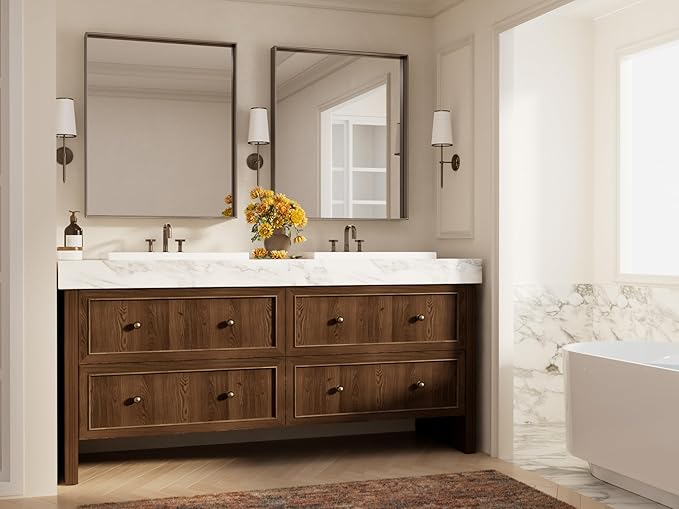 Keonjinn 30 x 36 Inch Brushed Bronze Bathroom Mirror, Metal Framed Rectangular Vanity Mirror for Wall, Square Corner, Modern Farmhouse, Rectangle Bathroom Mirrors for Over Sink(Horizontal/Vertical)