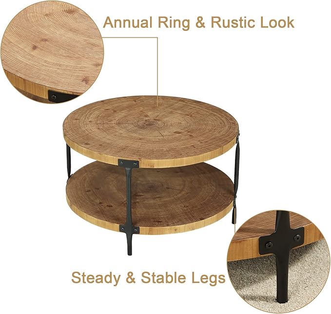 Round Boho Wood Coffee Table - 29.1" Farmhouse Natural Circle Wooden 2-Tier Coffee Tables Living Room Furniture, 29.1" D x 18.3" H, Natural Wood Color
