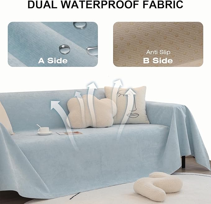 STACYPIK Waterproof Sky Blue Loveseat Couch Cover for Sectional, Couch Cover for Dogs, Anti-Slip Anti-Cat Scratch Furniture Protector for 2 Cushion Couch, Modern Couch Cushion Covers for Pets-71X71IN