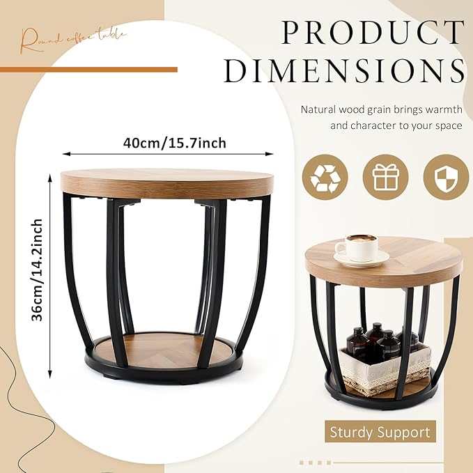 Round Coffee Table, 2-Tier Circle Wood Coffee Table with Storage Shelves, Modern Industrial Wooden Accent Center Sofa Side for Living Room, Home Office(15.7'' Dia X 14.2 H)