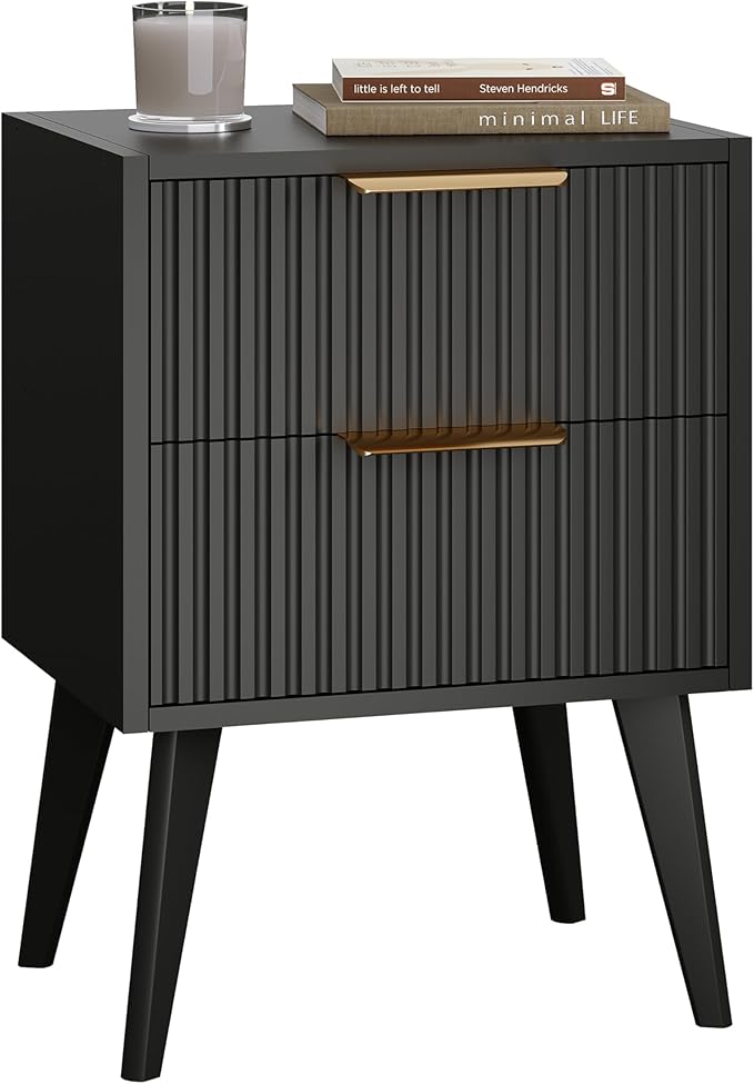 Fluted Nightstand with 2 Drawers,Modern Bedside Table with Metal Handles,White Side Table with Solid Wood Legs,Mid Century End Table for Living Room,Bedroom,Black CTG55BK