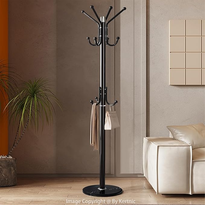 Kertnic Modern Coat Rack Freestanding with Natural Marble Base & Sturdy Metal Frame, 11 Hooks Hall Tree for Jackets, Hats, Bags, Entryway Organizer for Bedroom, Living Room, Closet (Black)