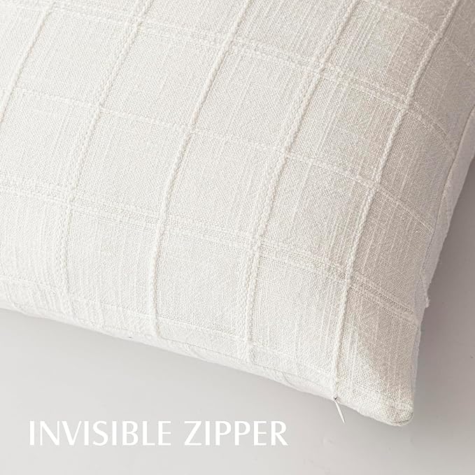 Foindtower Set of 2 Decorative Linen Check Throw Pillow Covers Neutral Farmhouse Vintage Cushion Covers Modern Boho Home Decor for Sofa Chair Couch Bedroom Living Room Outdoor,20×20 Inch,Cream White