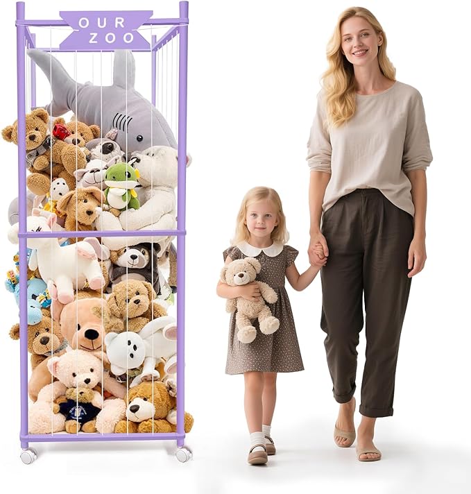 Stuffed Animal Storage Zoo with Wheels, Wooden Large Stuff Animals Plushies Holder Toy Organizer Kids Plush Storage Cage with Elastic Band and Net for Nursery Playroom Corner for Toddler (Purple)