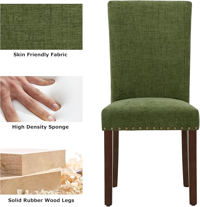 COLAMY Upholstered Parsons Dining Chairs Set of 4, Fabric Dining Room Kitchen Side Chair with Nailhead Trim and Wood Legs - Green