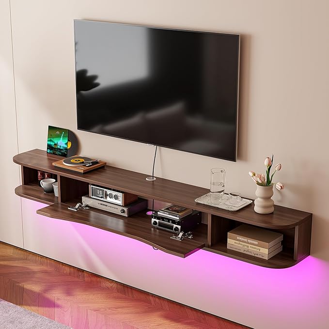 Floating TV Stand,55'' Wall Mounted TV Cabinet,Floating TV Console,Under TV Shelf with 1 Door and 2 Cabinets for TVs up to 65''(Walnut)