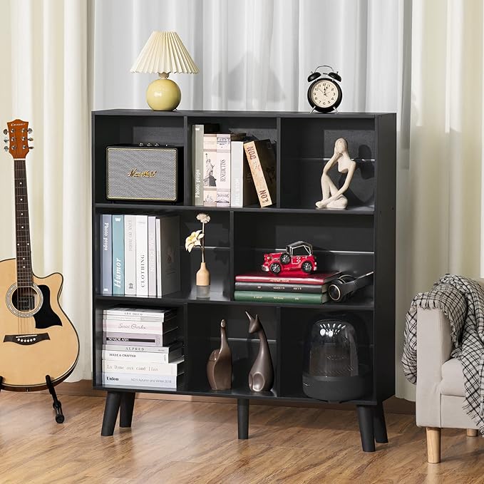 YAHARBO 8 Cube Bookshelf,3 Tier Bookcase with Legs,Black Mid-Century Modern Bookshelves,Large Free Standing Open Storage Organizer Shelf,Tall Wooden Book Case Furniture for Bedroom,Living Room,Office