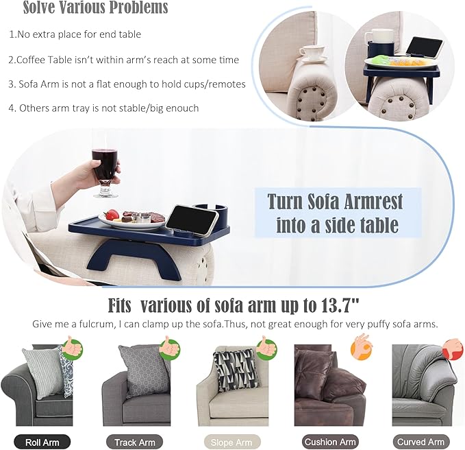 Nnewvante Couch Cup Holder,3 in 1 Large 15.36""x9.85"" Bamboo Sofa Arm Clip on Tray Table with 360°Rotated Phone/Drink Holer, Navy Blue, CAT39252