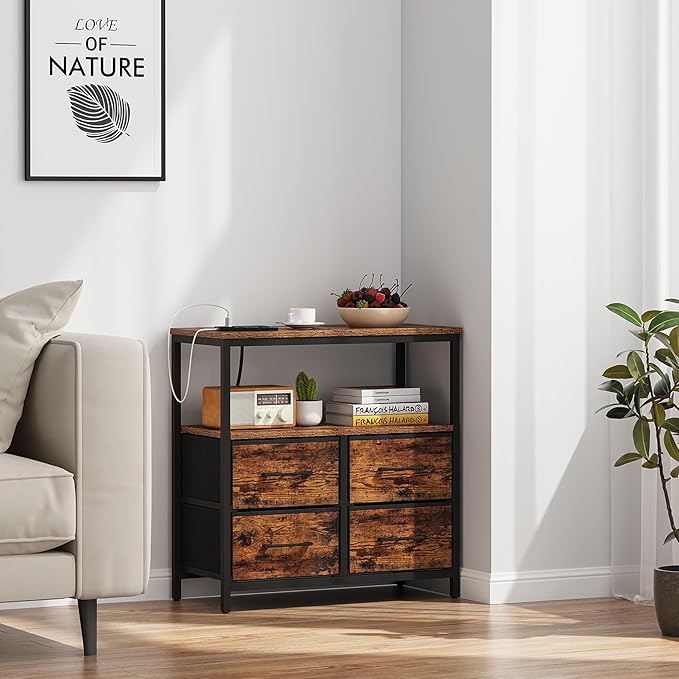 TUTOTAK Large Night Stand with Charging Station, Nightstand with USB and Type-C Port, Bedside Table with Cloth Drawers, End Table for Livingroom, Bedroom, Brown TB01BB081