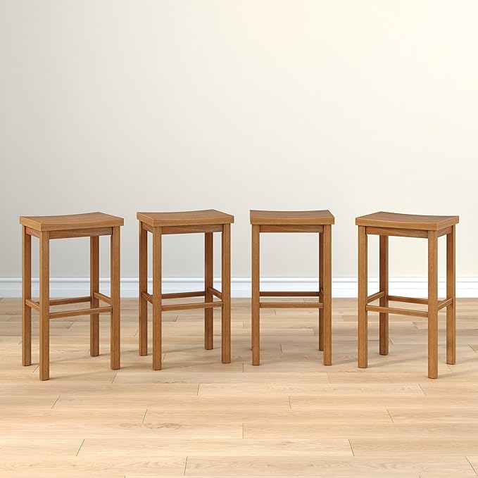Grain & Grove Smith Collection Set of 4 Solid Wood Bar Stools, 30 inch Saddle-Seat Bar Chairs, Backless, Heavy-Duty Construction, Footrest Support, for Kitchen Islands, Home Bars, and Counters, Pecan