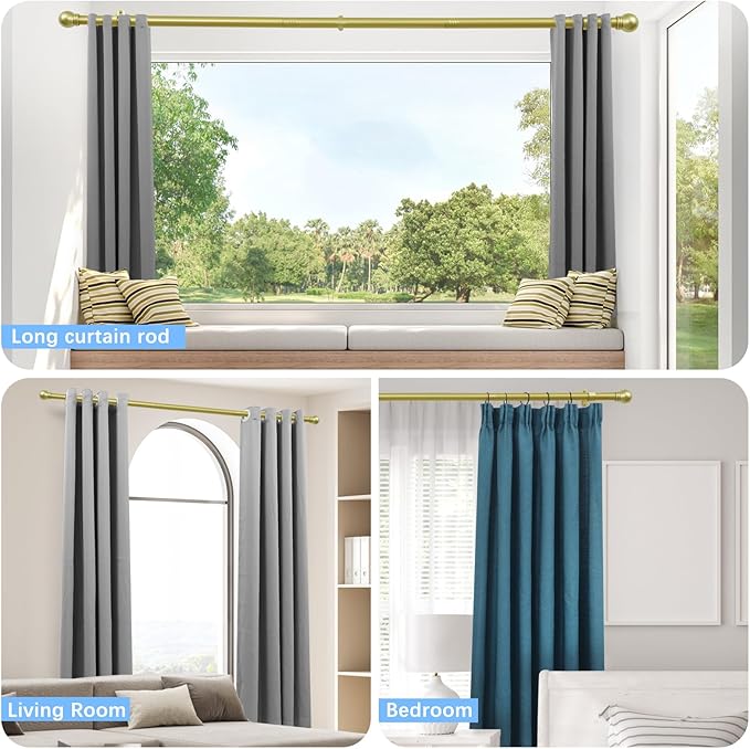 Curtain Rods for Windows 16 to 76 Inches, Curtain Rod Max Adjustable Length of 88 IN, 1" Diameter Drapery Rods Round Finials, Warm Gold, Pack of 1