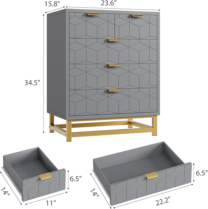 GAOMON Grey 5 Drawer Dresser for Bedroom, Chest of Drawers with Metal Base, Modern Dresser Chest Cabinet Organizer for Living Room, Hallway, Closet