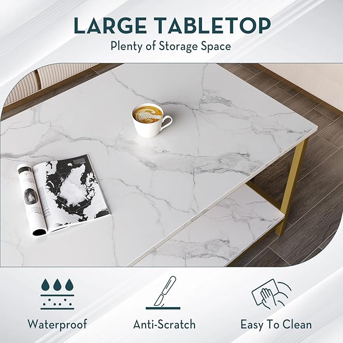 SAYGOER Modern 2-Tier Coffee Table for Living Room White Gold Coffee Tables Industrial Rectangle Wood Table for Large or Small Spaces Home Office Apartment, White Gold