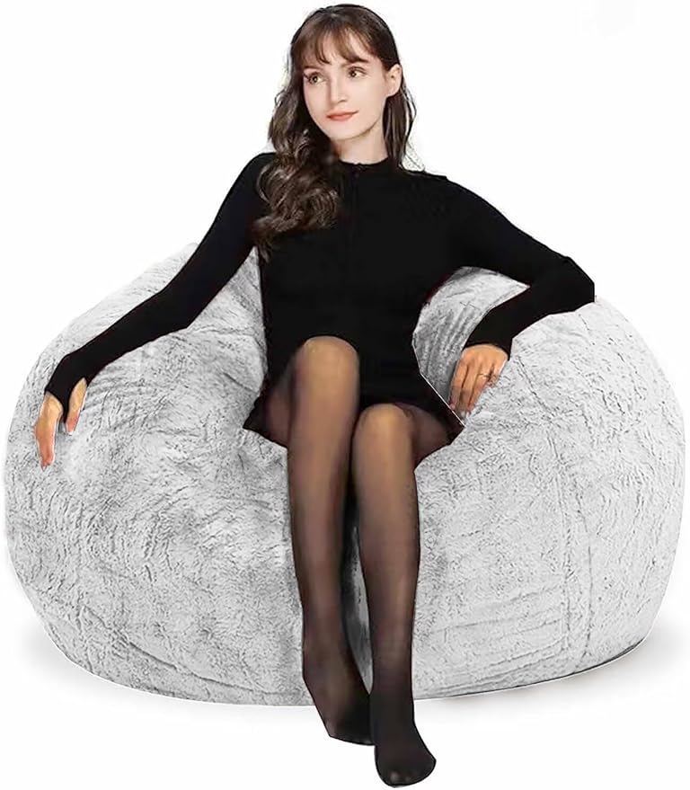 Bean Bag Chair for Adults Kids Without Filling Comfy Fluffy Round Beanbag Couch Lazy Sofa Cover for Reading Chair Floor Chair, 3.5FT, Silver White