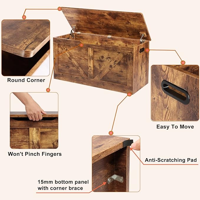 39.4" Storage Chest, Wooden Storage Bench, Large Storage Trunk with 2 Safety Hinges, Entryway Shoes Bench for Living Room, Bedroom, Rustic Brown