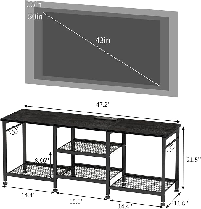 YGEOMER Black TV Stand Entertainment Center for 55 Inch TVs, with Charging Station and Lights Open Storage Shelves, TV Media Console, Open Storage Shelf with Sound Rack for Living Room, Bedroom