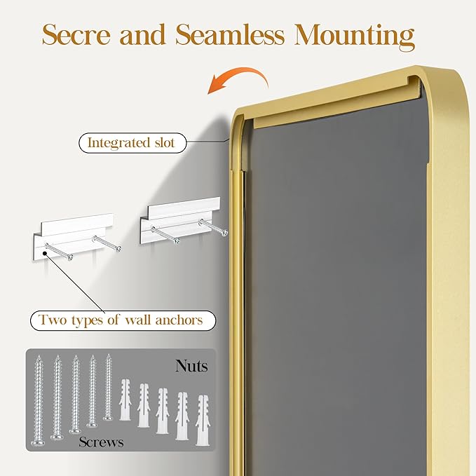 55×30 Gold Bathroom Mirror, Rectangular Bathroom Vanity Mirror for Wall with Rounded Corners & Aluminum Alloy Frame, Tempered-Glass, Modern, Farmhouse, Horizontal/Vertical, Entryway, Bedroom