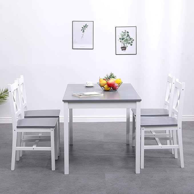 soges Dining Table Set for 4, 42.5 inch Pine Wood Dining Room Table with 4 Chairs, 5-Piece Kitchen Table Chairs Set for Small Space, Apartment, Dinette, Breakfast, White & Grey