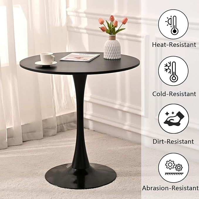 Black Round Dining Table, 24 Inches Tulip Round Kitchen Table, Mid-Century Leisure Table for Small Places, Dining Room, Living Room, Cafe