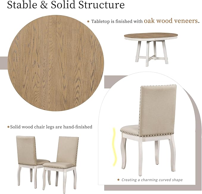 Ball & Cast 5 Piece Dining Table Set with 4 Upholstered Curved Legs Chairs,Living Room Furniture W/ 43" Round Extendable Desk,for Restaurant,Home Bistro,Oak Natural Wood + Antique White