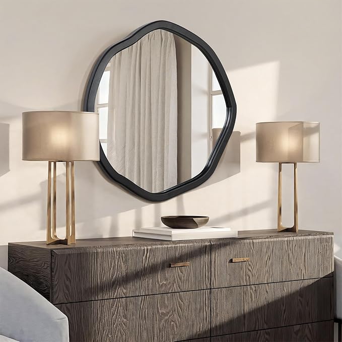 ULIKE Round Wood Mirror 24 Inch Circle Wall Mirror, Asymmetrical Bathroom Vanity Mirror with Wood Frame, Decorative Wall Mounted Mirror for Bedroom, Living Room, Entryway, Black