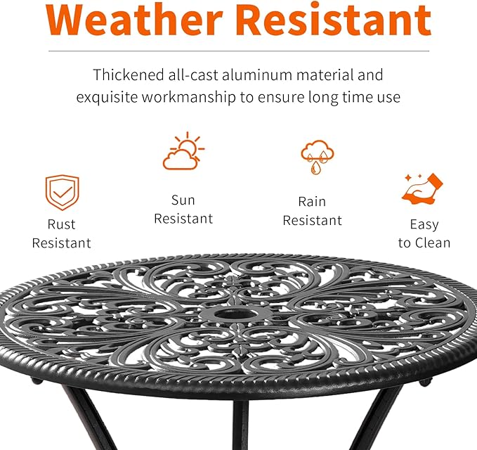 Bistro Set 3 Piece Outdoor, Bistro Table and Chairs Set of 2, All Weather Patio Bistro Set with Umbrella Hole, Patio Set for Garden, Black