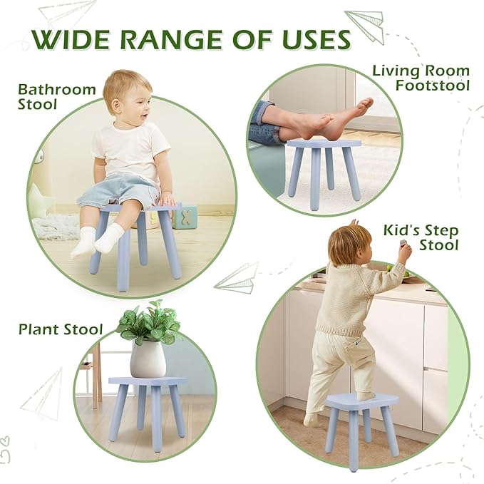 BEE&OAK Wooden Step Stools for Adults, Solid Rubber Wood Non-Slip Step Foot Stool, Heavy Duty 300 lbs One Step Stool for Bedroom, Bathroom, Kitchen (Blue, 9.25" (D) x 9.25"(W) x 8.86"(H))