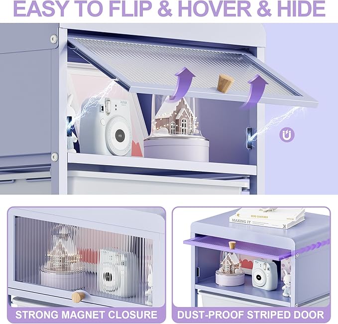 Utility-Rolling-Storage-Drawer-Craft-Cart-Organizers with 4 Drawers & Dust-Proof Door for Kid Craft Art Room,Bedroom,Home Office, Lavender Purple