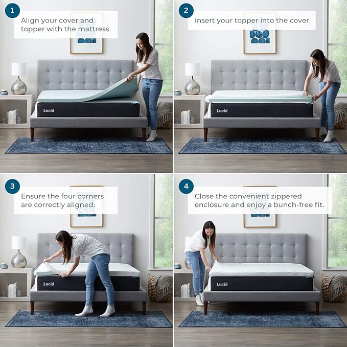 LUCID 3 Inch Gel Memory Foam Mattress Topper California King - Waterproof, Removable Cover, White