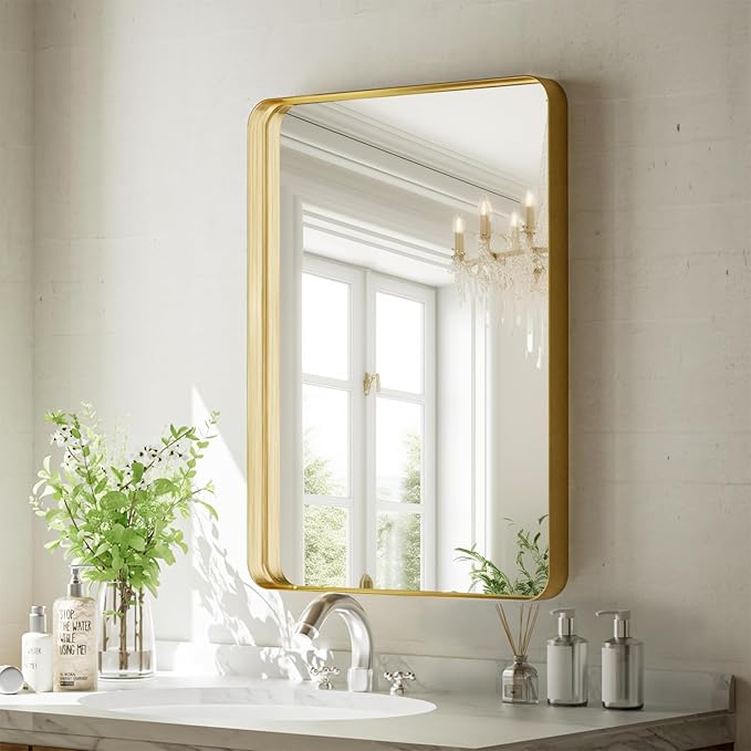 Bathroom Mirror 20x30 inch, Gold Gorgeous Deep Frame Wall Mirror, Modern Round Corner Bathroom Vanity Mirror for Bedroom, Living Room, Hanging or Leaning Horizontal or Vertical, Gold