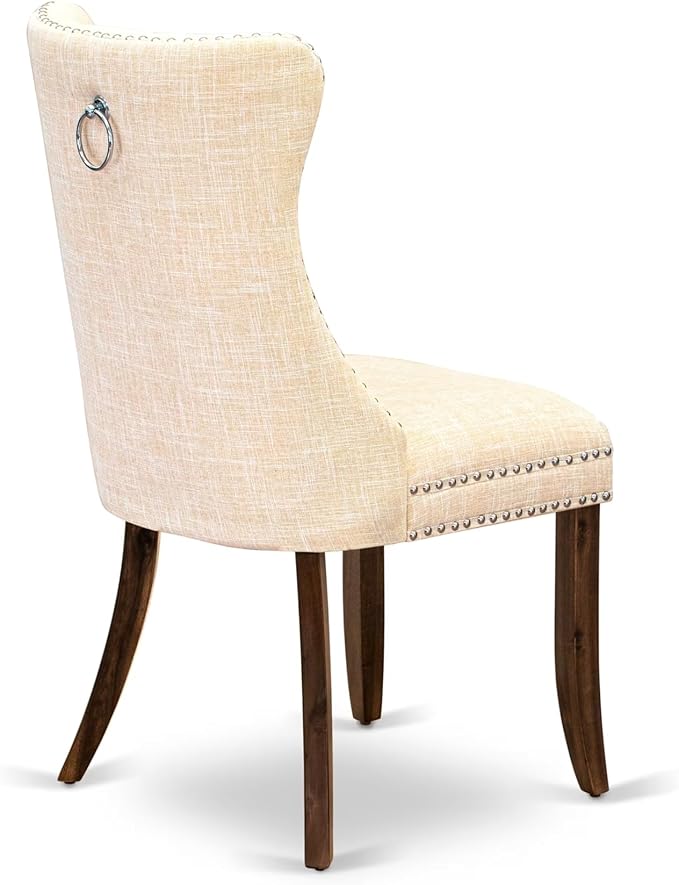 I5DA5-50N-32 5-Piece Modern Dining Table Set with Polyester Fabric 4 Light Beige kitchen chairs, Button-Tufted Backs, and a 54"Round Table in Antique Walnut Finish.