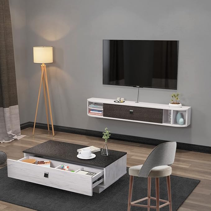 Pmnianhua Modern Floating TV Stand,55'' Under TV Shelf for 60 inch TVs,Floating TV Console,Wall Mounted TV Cabinet,Entertainment Center with Storage for Bedroom Living Room(Gray-White)