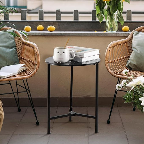 1 Pack 13" Metal Outdoor Side Tables Small Black Outside End Table for Patio Round Accent Corner Stand for Small Spaces Weather-Resistant Coffee Table for Balcony Porch Plant Stand, Starlight Pattern
