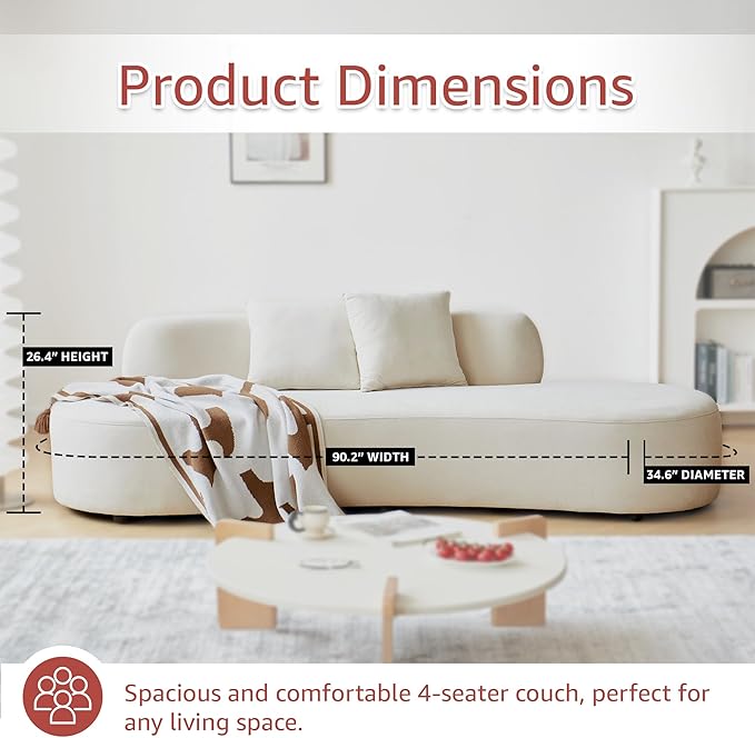 Container Furniture Direct 90" Curved Sofa with Throw Pillows, 4 Seater Luxury Velvet Couch with Half Moon Design and High-Density Foam, Ideal for Modern Living Room, Office & Apartment, Ivory