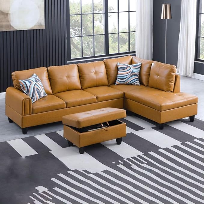 Ginger L-Shaped 3-Piece Faux Leather Sofa with Storage Ottoman Set, Sectional Couch Sofa Set for Living Room, Office, Small Space