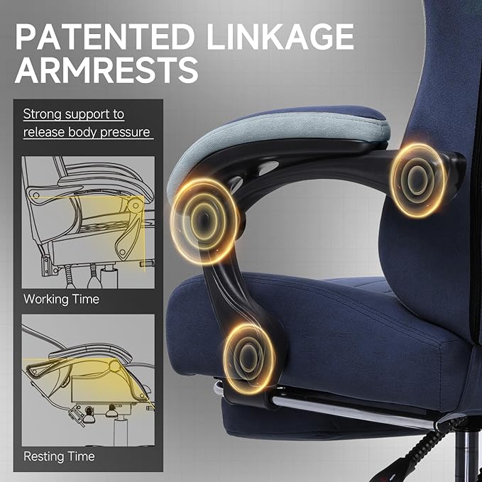 GTPLAYER Office Chair, Gaming Computer Desk Fabric Chair with Footrest, High Back Ergonomic Office Chair with Pocket Spring Lumbar Support and Linkage Armrests Adjustable Height Swivel for Home Task