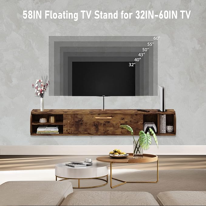Floating TV Unit, 58'' Wall Mounted TV Cabinet, Floating Shelves with 4 Cabinets, Wooden Entertainment Media Console Center Large Storage TV Bench for Living Room & Office (Rustic Brown)