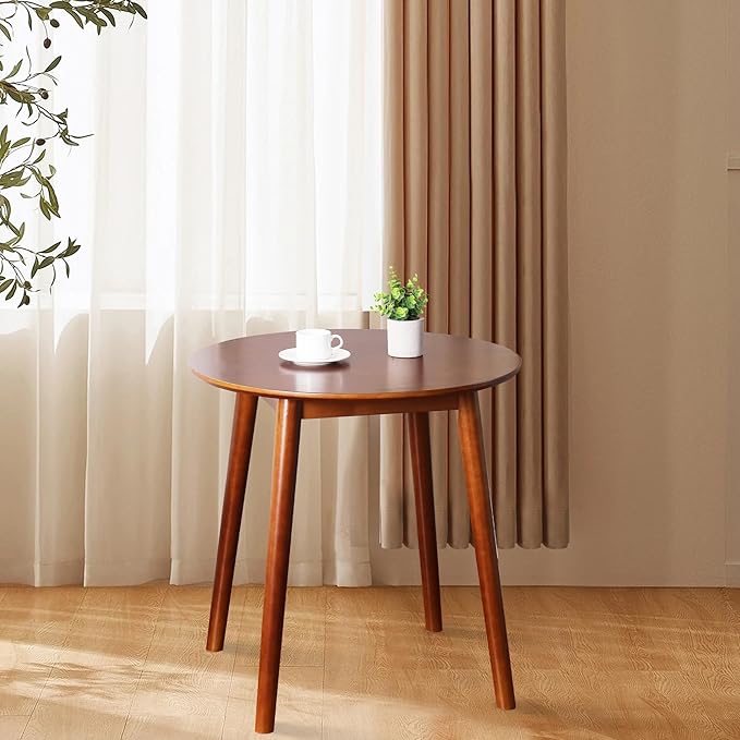 28.3" Small Round Dining Table for 2, Wooden Space-Saving Kitchen Dinner Table Rustic Wood Dining Table Mid Century Modern Kitchen Table (Brown)
