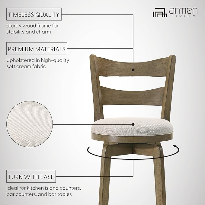 Armen Living Blair 26 in. Putty Brown Counter Height Rubberwood Swivel Barstool with Cream Fabric Seat - Set of 4