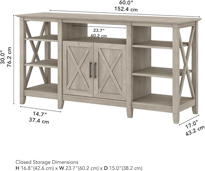 Bush Furniture Key West Tall TV Stand for 65 Inch TV in Washed Gray, Farmhouse Entertainment Center with Storage