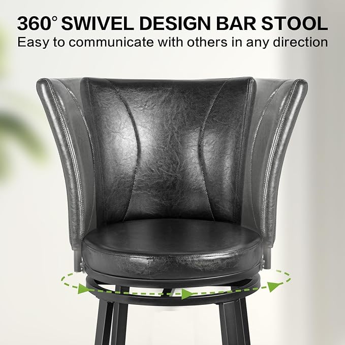 Bar Stools Set of 2, Counter Height Swivel Bar Chair with High Backrest, 24 inch Round Seat Barstools for Kitchen Island, Pub, Metal Base, Upholstered PU Leather Dining Chairs Black