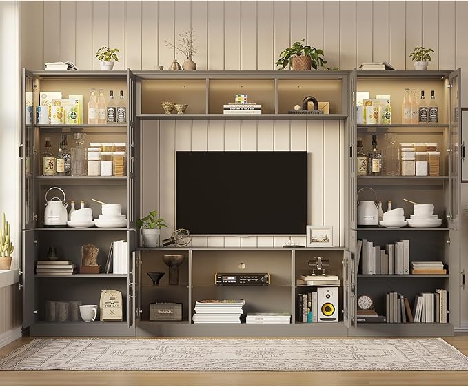 4-Piece Wall Unit TV Stand with Storage & LED Lights for TVs up to 75", Modern Entertainment Center with Bookshelves & 4-Door Pantry Cabinet, Gray