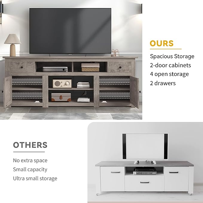 DWVO Farmhouse TV Stand for 75/80 Inches TVs, Entertainment Centers Furniture 30" Tall, TV Consoles with Storage Drawers & Power Outlet, Rustic TV Stands for Living Room, Washed Grey
