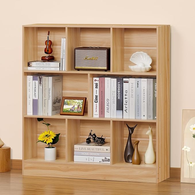 LEYAOYAO 8 Cube Bookshelf with Base,3 Tier Mid-Century Modern Natural Bookcase,Standing Wide Bookshelves Storage Organizer Shelf,Rustic Wood Display Cabinet Book Shelves for Bedroom,Living Room,Office