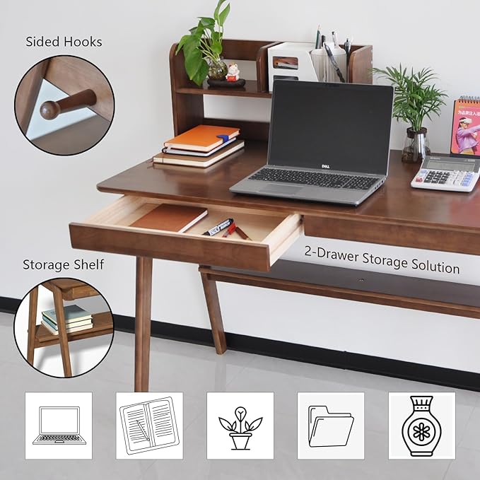 Oak Desk with Drawers, Solid Wood Desk with Bookshelf Small Computer Desk for Small Spaces Mid-Century Modern Wood Writing Desk with 2 Drawers for Home Office 39"