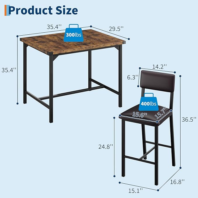IDEALHOUSE Dining Table Set for 4 w/Counter Height Table & 4 Upholstered Bar Stools, 5-Piece Kitchen Table Set with Footrest & Corner Protector, for Kitchen Room, Apartment, Pub