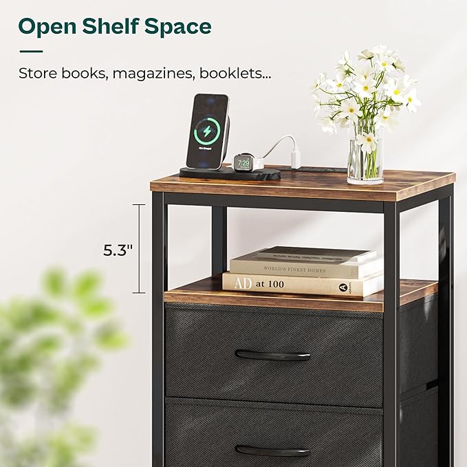 Huuger Nightstands Set of 2, 27.6 Inch End Tables with Charging Station, Fabric Drawers, Bedside Tables with USB-C Port and Outlet, Night Stands for Bedroom, Rustic Brown and Black